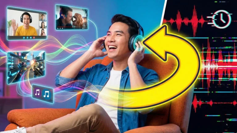 ชายหนุ่มสวมหูฟังบลูทูธด้วยสีหน้าตื่นเต้น มีกราฟิกโฮโลแกรมหน้าจอเกมและวิดีโอคอลลอยอยู่ พร้อมลูกศรสีเหลืองขนาดใหญ่ชี้จากกราฟเสียงที่รวดเร็วเข้าหาตัว สื่อถึงการแก้ปัญหาเสียงดีเลย์ได้สำเร็จ