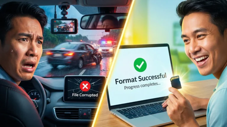 ภาพกราฟิกเปรียบเทียบ ฝั่งซ้ายชายหนุ่มตกใจไฟล์กล้องหน้ารถเสีย ฝั่งขวาชายหนุ่มดีใจถือการ์ดที่ฟอร์แมตแล้ว