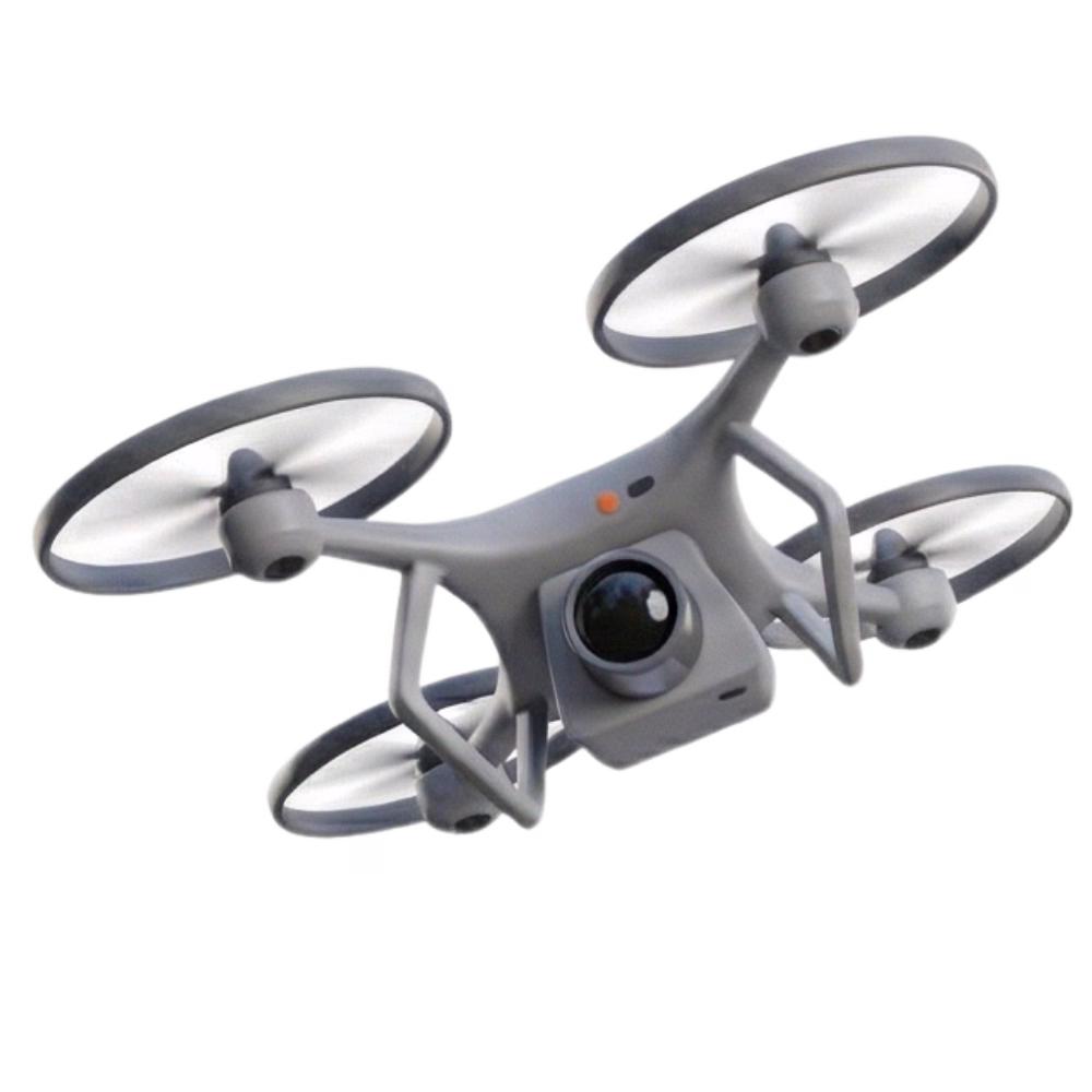 ภาพกราฟิก 3D โดรนสี่ใบพัด (Quadcopter) สีขาวเทาดีไซน์ล้ำสมัย พร้อมติดตั้งกล้องความละเอียดสูงด้านหน้า บนพื้นหลังสีเขียว แสดงถึงสินค้าประเภทโดรนและอุปกรณ์เสริมการถ่ายภาพทางอากาศที่มีวางจำหน่าย ณ เควีซี คอมพิวเตอร์ เชียงราย