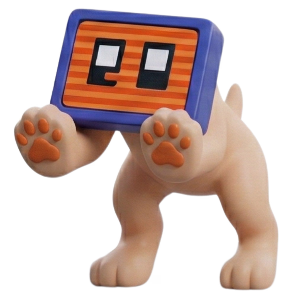 ตัวการ์ตูนสุนัข 3D สีน้ำตาลนวลที่มีส่วนหัวเป็นหน้าจอคอมพิวเตอร์ แสดงรูปตาเป็นสี่เหลี่ยมสีขาวบนพื้นหลังหน้าจอสีส้มลายทาง มาสคอตสุดสร้างสรรค์ที่สะท้อนถึงความมุ่งมั่นในการดูแลและเชื่อมต่อเทคโนโลยีเข้ากับผู้ใช้งานของ เควีซี คอมพิวเตอร์ เชียงราย