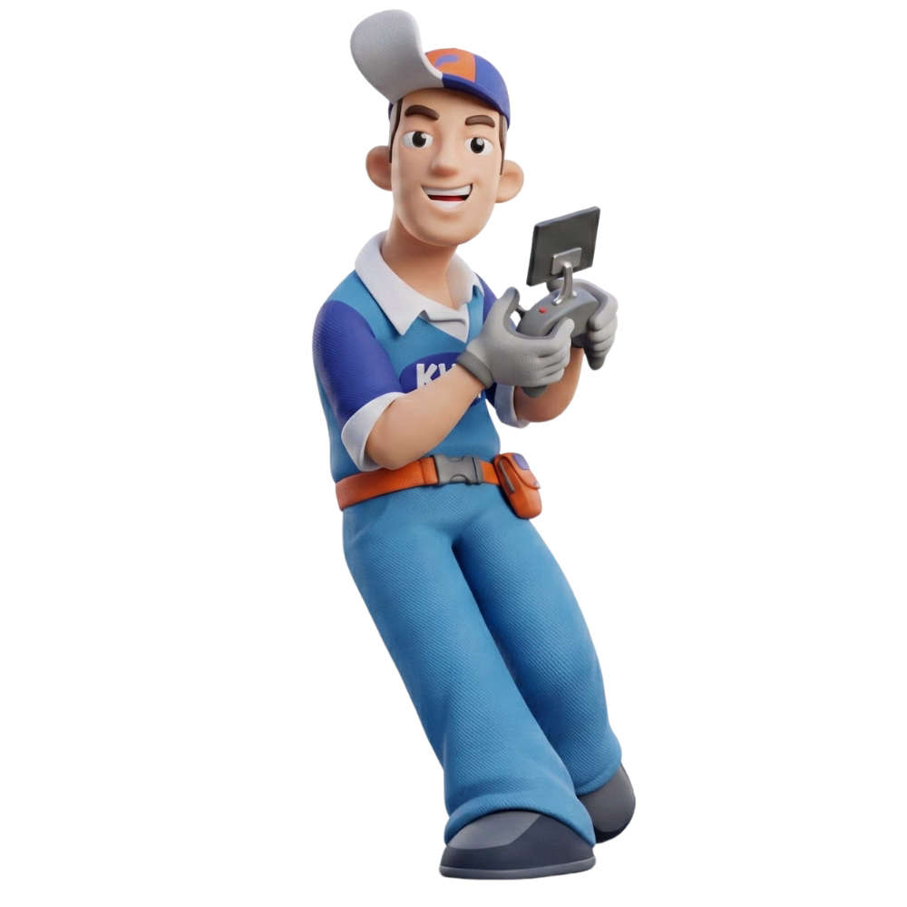 ตัวการ์ตูน 3D ช่างเทคนิคร้านเควีซี คอมพิวเตอร์ เชียงราย สวมชุดยูนิฟอร์มสีน้ำเงิน หมวกแก๊ป และถุงมือสีเทา กำลังถือรีโมทคอนโทรลควบคุมโดรนด้วยใบหน้ายิ้มแย้ม สื่อถึงความเชี่ยวชาญในการให้บริการติดตั้งและดูแลระบบโดรนถ่ายภาพและเทคโนโลยีทันสมัย โดยทีมงานมืออาชีพที่มีประสบการณ์