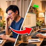 ภาพเปรียบเทียบผู้ชายทำงานหน้าคอมพิวเตอร์ อาการปวดตาเมื่อยล้าเทียบกับความสดใสเมื่อใช้จอภาพที่เหมาะสม ช่วยลดอาการออฟฟิศซินโดรม หากต้องการจอคอมถนอมสายตาคุณภาพดี แวะมาเลือกชมได้ที่ร้านเควีซี คอมพิวเตอร์