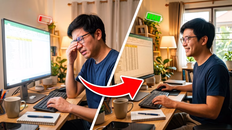 ภาพเปรียบเทียบผู้ชายทำงานหน้าคอมพิวเตอร์ อาการปวดตาเมื่อยล้าเทียบกับความสดใสเมื่อใช้จอภาพที่เหมาะสม ช่วยลดอาการออฟฟิศซินโดรม หากต้องการจอคอมถนอมสายตาคุณภาพดี แวะมาเลือกชมได้ที่ร้านเควีซี คอมพิวเตอร์