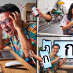 ภาพตัดปะ (Collage) สามส่วน: ซ้ายบนเป็นชายสวมแว่นตากุมขมับด้วยความเจ็บปวดหน้าแล็ปท็อปที่แสดงหน้าเว็บโลโก้ "ก"; ขวาบนเป็นผู้หญิงร้องไห้อย่างทรมานขณะดูสมาร์ทโฟนท่ามกลางฉากถนนที่แตกร้าว; ด้านล่างเป็นผู้หญิงและผู้ชายยิ้มแย้มชี้ไปที่หน้าจอคอมพิวเตอร์และโทรศัพท์หลายเครื่องที่มีโลโก้ "ก" หน้าจอมีรอยร้าว
