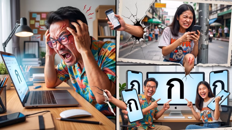 ภาพตัดปะ (Collage) สามส่วน: ซ้ายบนเป็นชายสวมแว่นตากุมขมับด้วยความเจ็บปวดหน้าแล็ปท็อปที่แสดงหน้าเว็บโลโก้ "ก"; ขวาบนเป็นผู้หญิงร้องไห้อย่างทรมานขณะดูสมาร์ทโฟนท่ามกลางฉากถนนที่แตกร้าว; ด้านล่างเป็นผู้หญิงและผู้ชายยิ้มแย้มชี้ไปที่หน้าจอคอมพิวเตอร์และโทรศัพท์หลายเครื่องที่มีโลโก้ "ก" หน้าจอมีรอยร้าว