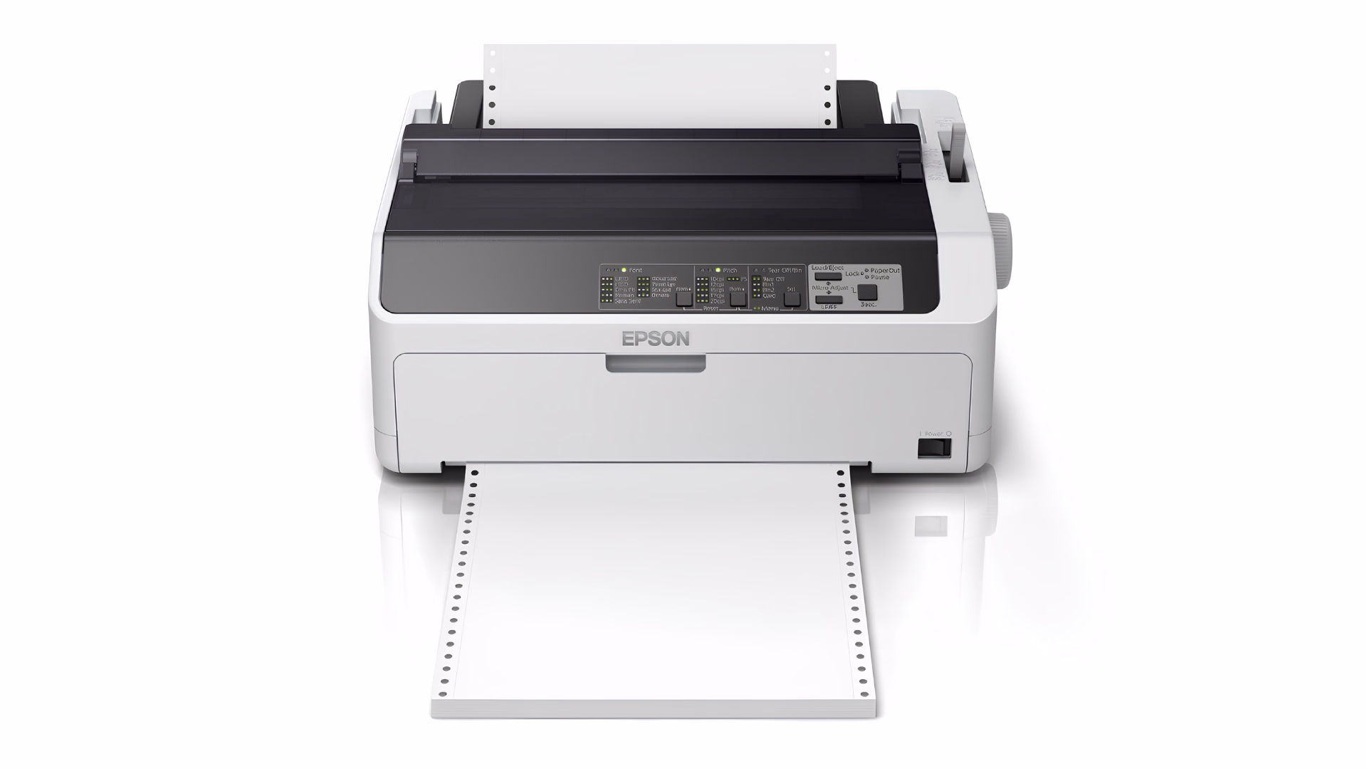 เครื่องพิมพ์ดอทเมทริกซ์ EPSON LQ-590II มุมมองด้านหน้า พร้อมกระดาษต่อเนื่อง