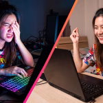 ภาพเปรียบเทียบหญิงสาวสองฝั่ง โดยฝั่งซ้ายมีความเครียดจากการเล่นเกมในห้องมืดจนต้องมือกุมตา ท่ามกลางแสง RGB ของคีย์บอร์ด ส่วนฝั่งขวาเธอยิ้มแย้มสดใสทำท่ามินิฮาร์ทหน้าโน๊ตบุ๊คในห้องที่สว่าง เพื่อความสุขในการใช้งานอุปกรณ์ไอที มาเลือกสินค้าที่ตอบโจทย์ทุกไลฟ์สไตล์ได้ที่ ร้านเควีซี คอมพิวเตอร์