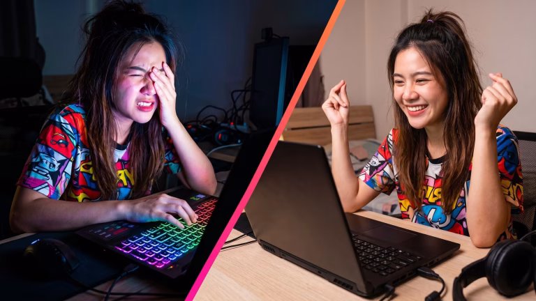 ภาพเปรียบเทียบหญิงสาวสองฝั่ง โดยฝั่งซ้ายมีความเครียดจากการเล่นเกมในห้องมืดจนต้องมือกุมตา ท่ามกลางแสง RGB ของคีย์บอร์ด ส่วนฝั่งขวาเธอยิ้มแย้มสดใสทำท่ามินิฮาร์ทหน้าโน๊ตบุ๊คในห้องที่สว่าง เพื่อความสุขในการใช้งานอุปกรณ์ไอที มาเลือกสินค้าที่ตอบโจทย์ทุกไลฟ์สไตล์ได้ที่ ร้านเควีซี คอมพิวเตอร์