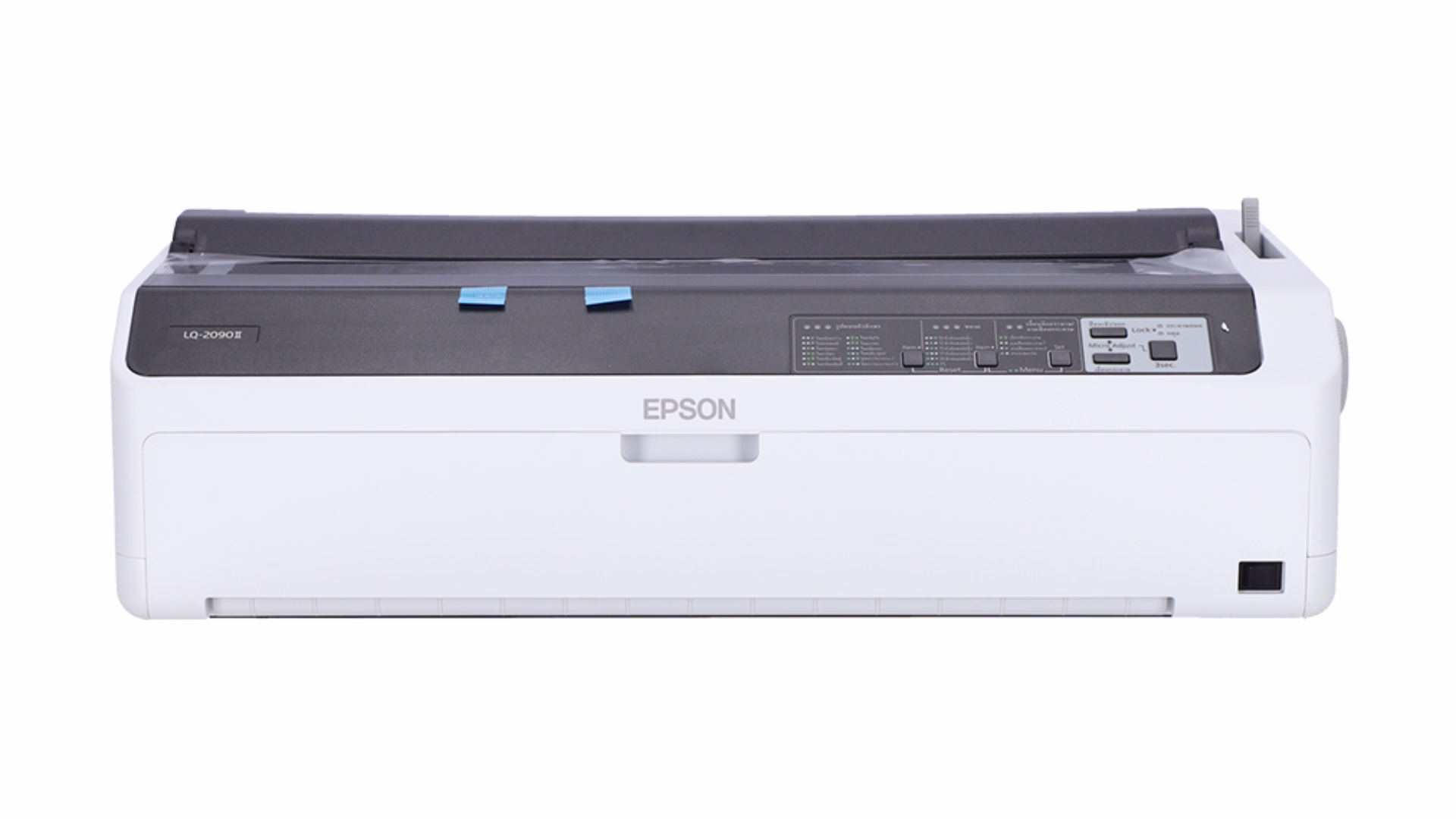 ภาพด้านหน้าตรงของ เครื่องพิมพ์ Dot Matrix Epson LQ-2090II ตัวเครื่องสีขาวตัดกับแผงด้านบนสีเข้ม
