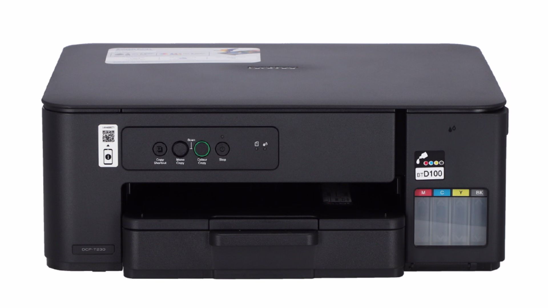 เครื่องพิมพ์ Brother DCP-T230 มุมตรงด้านหน้าพร้อมแท็งก์หมึก