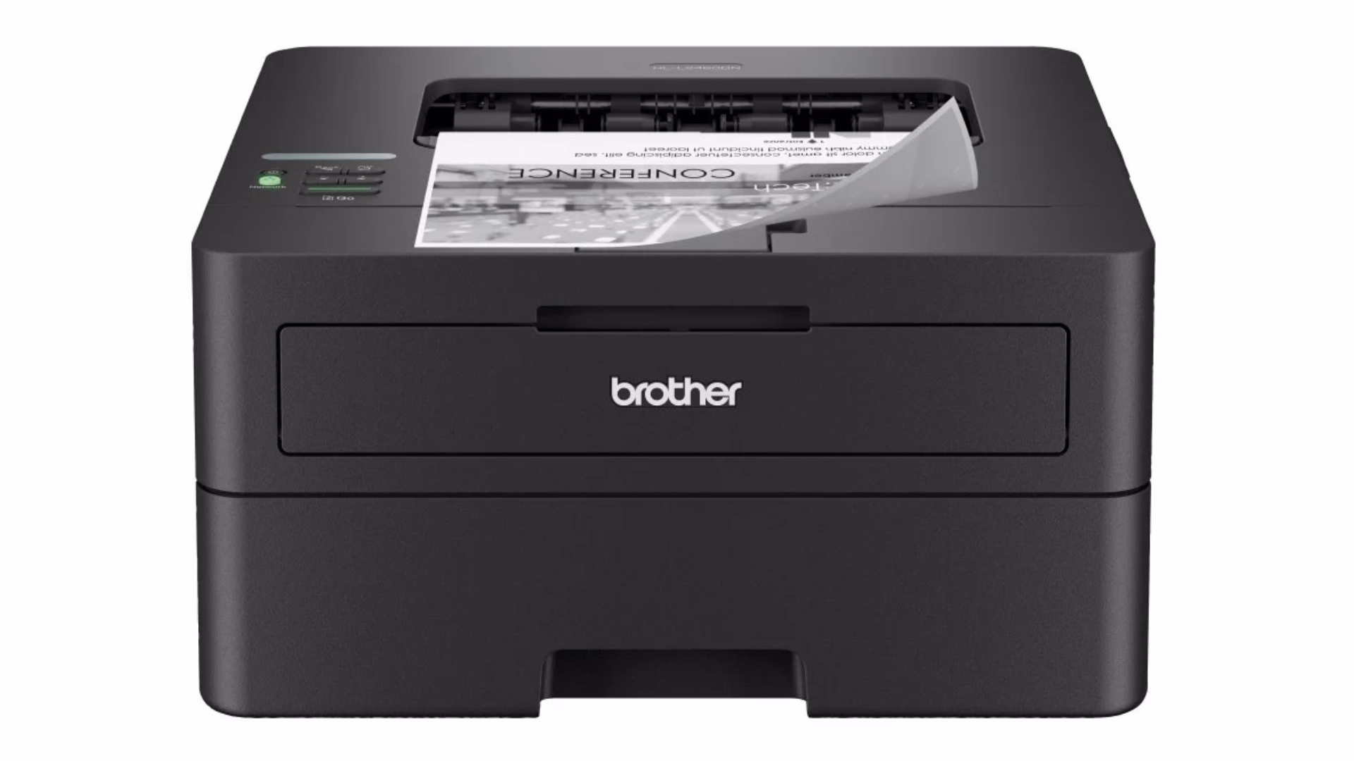 เครื่องพิมพ์เลเซอร์ Brother HL-L2360DN มุมตรงกำลังพิมพ์งานเอกสาร