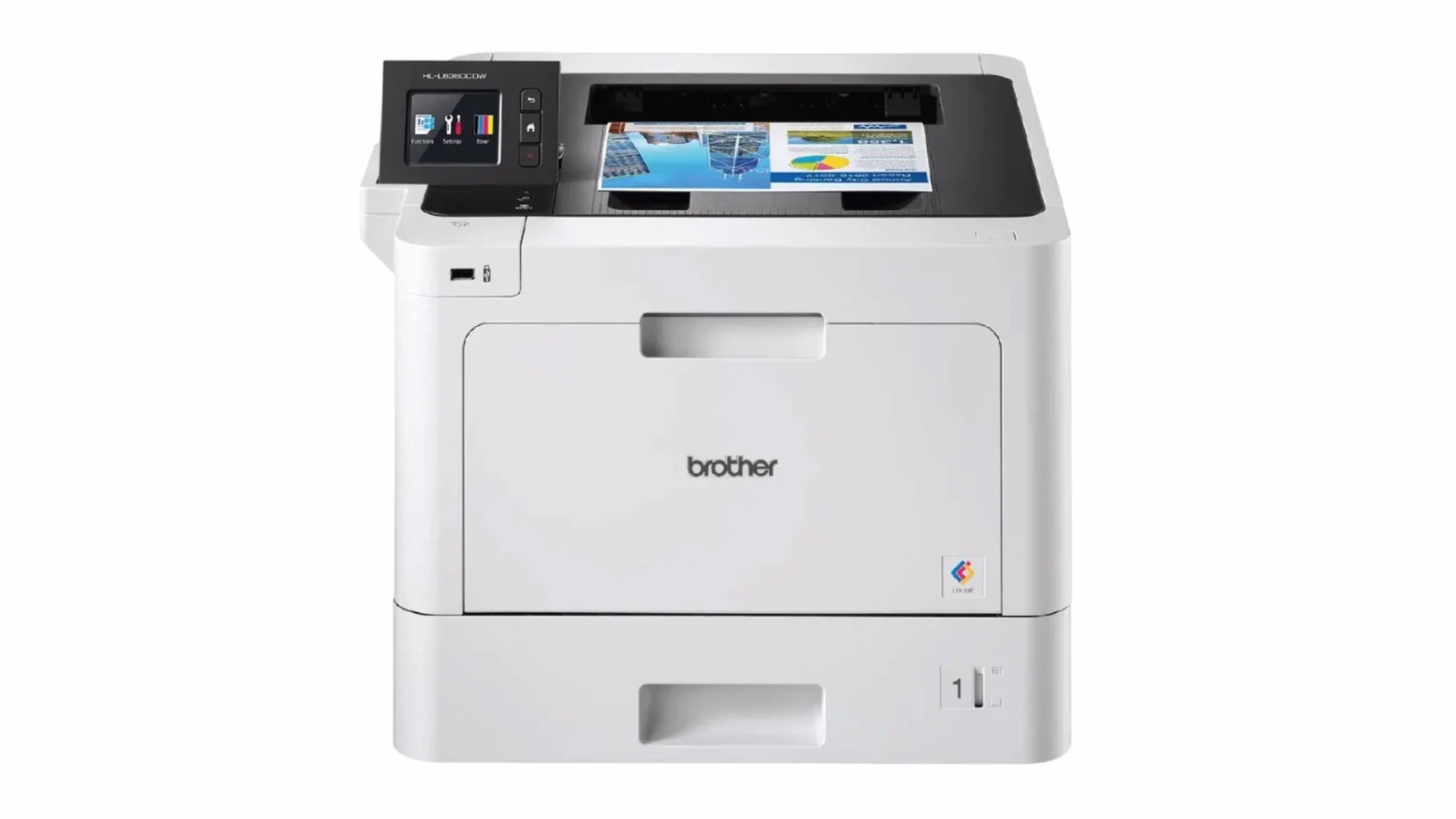 เครื่องพิมพ์เลเซอร์สี Brother HL-L8360CDW มุมตรงด้านหน้า กำลังพิมพ์เอกสาร