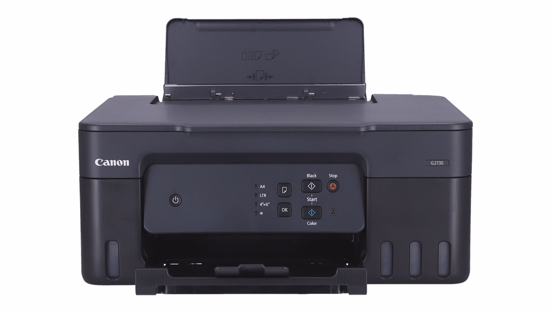 เครื่องพิมพ์ Canon PIXMA G2730 มุมตรง เปิดถาดป้อนกระดาษด้านบน