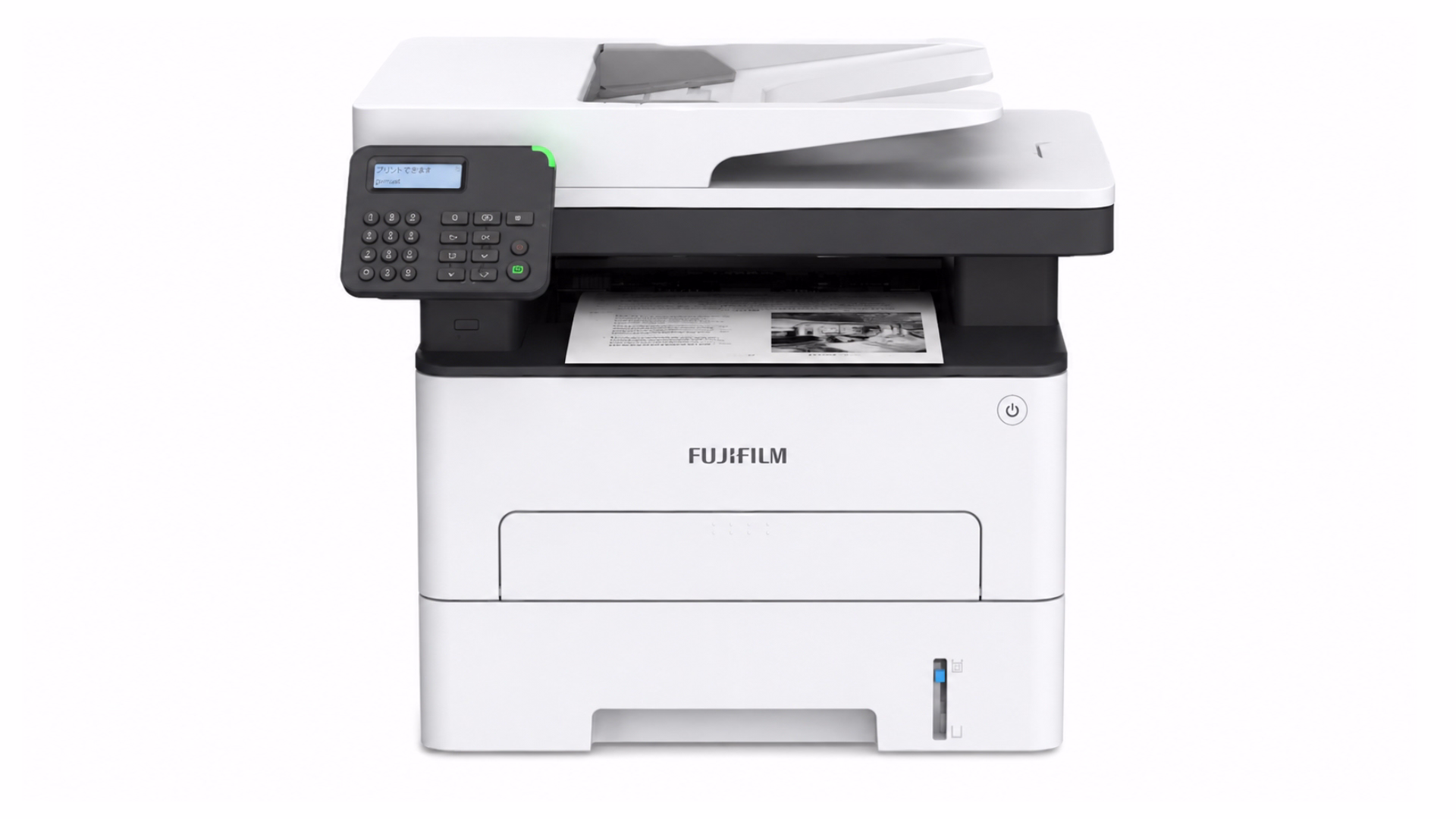 เครื่องพิมพ์มัลติฟังก์ชันขาวดำ Fujifilm ApeosPort 3410SD มุมตรงด้านหน้าขณะพิมพ์งาน
