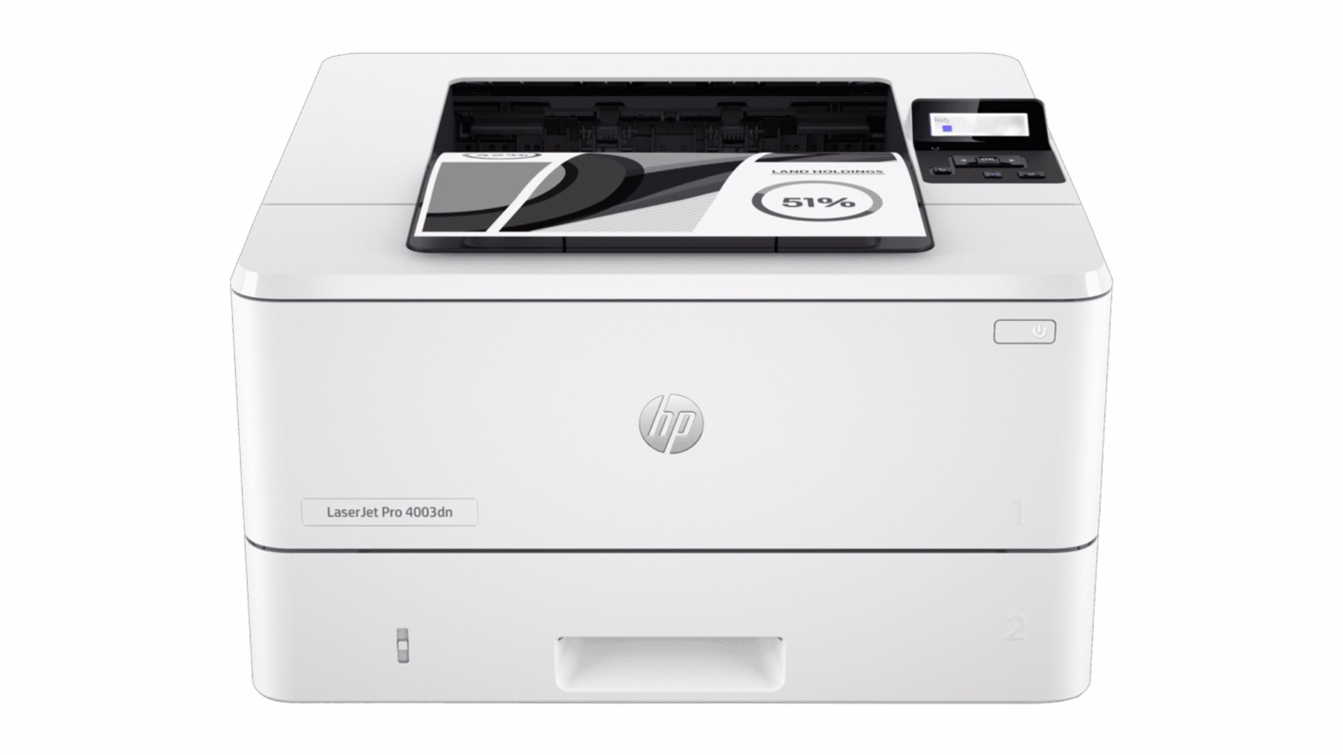 เครื่องพิมพ์เลเซอร์ HP LaserJet Pro 4003dn มุมตรงด้านหน้า กำลังพิมพ์เอกสาร