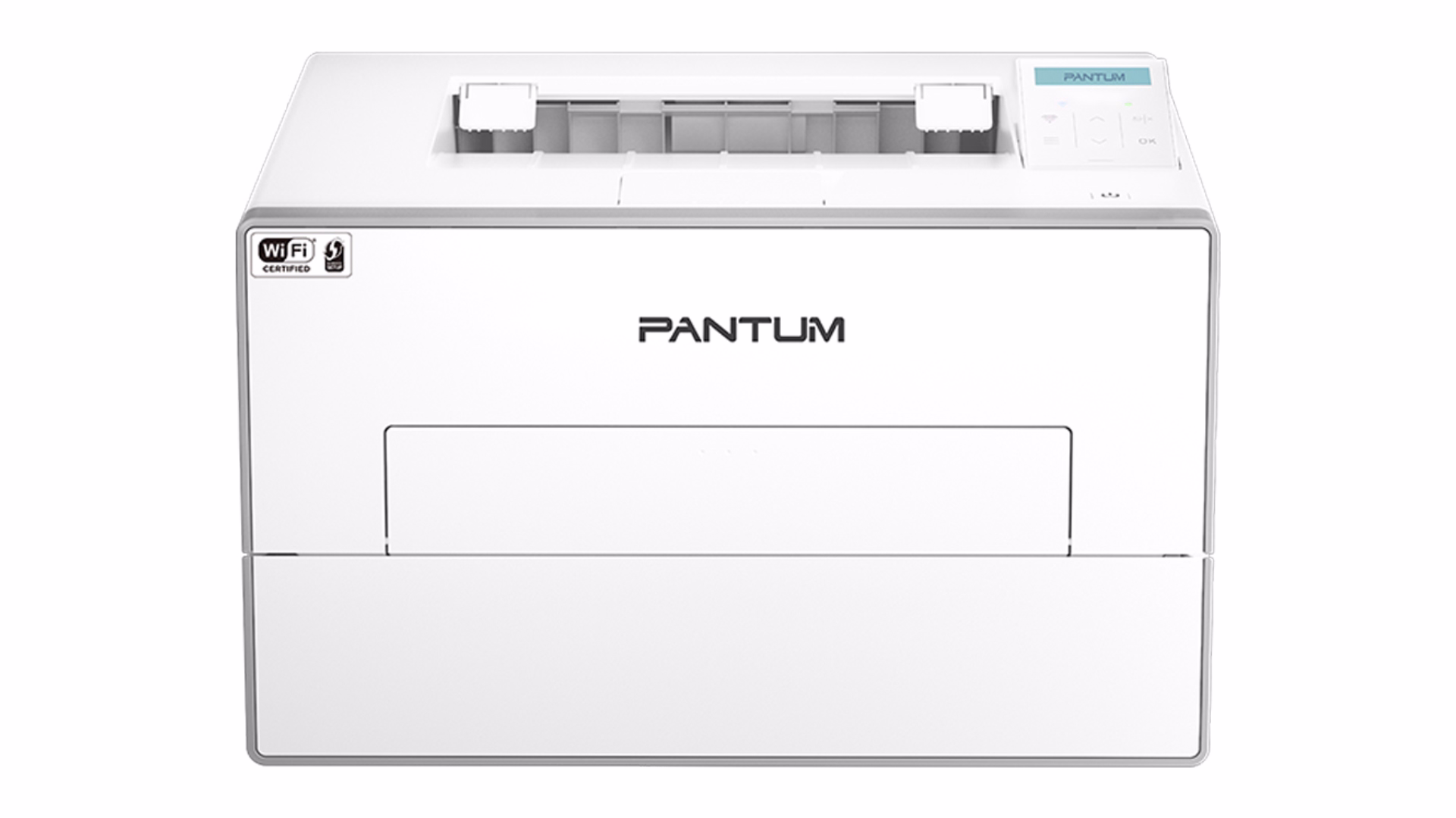 เครื่องพิมพ์เลเซอร์ Pantum BP4200DW มุมตรงด้านหน้าและแผงควบคุม