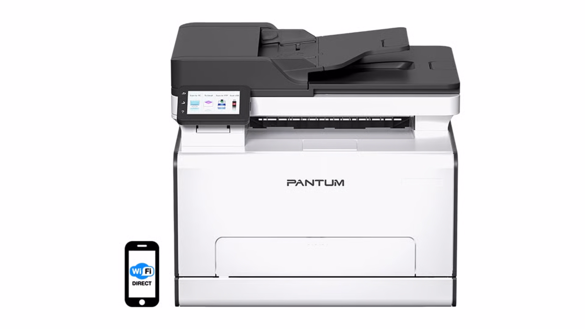 เครื่องพิมพ์มัลติฟังก์ชัน Pantum CM2100ADW มุมตรงด้านหน้าพร้อมไอคอน Wi-Fi Direct