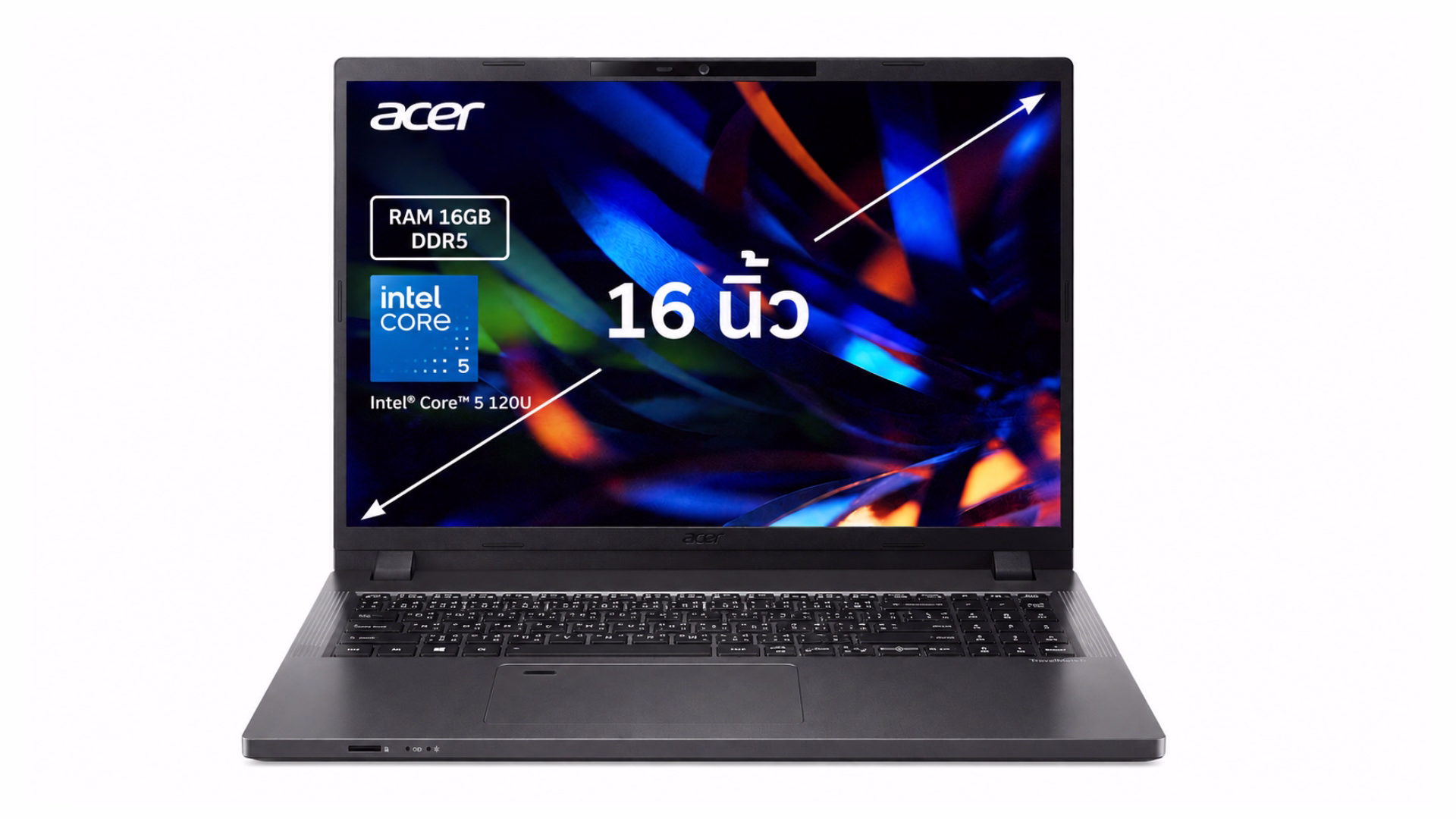 โน้ตบุ๊ก Acer TMP216-51 Intel Core 5 120U RAM 16GB DDR5 หน้าจอ 16 นิ้ว มุมมองด้านหน้าบนพื้นหลังสีขาว แสดงข้อมูล Intel Core 5 120U และ RAM 16GB DDR5 บนหน้าจอ