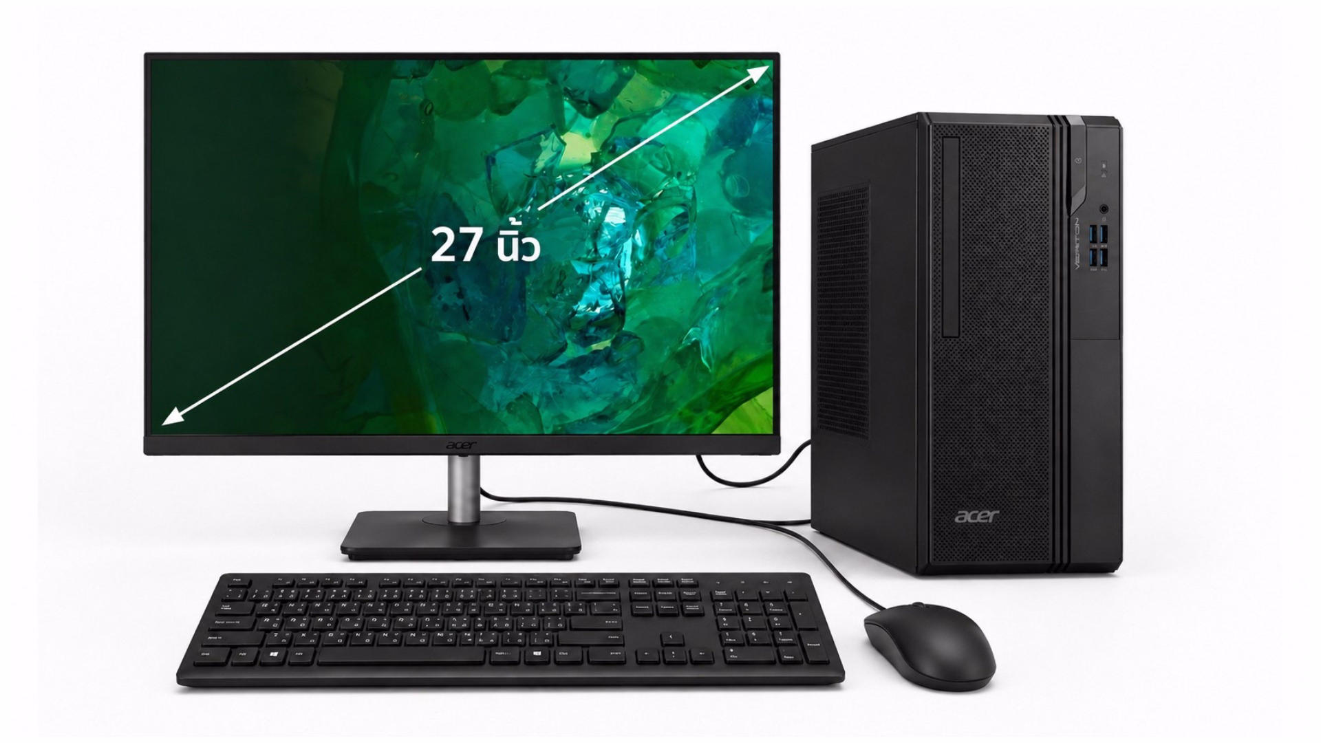 คอมพิวเตอร์ Acer Veriton S2722G Intel Core i7-14700 พร้อมจอภาพขนาด 27 นิ้ว เคสคอมพิวเตอร์ คีย์บอร์ด และเมาส์ บนพื้นหลังสีขาว หน้าจอแสดงภาพกราฟิกโทนสีเขียว พร้อมลูกศรและข้อความแสดงขนาดหน้าจอ 27 นิ้ว มีสายเชื่อมต่อระหว่างจอภาพและตัวเครื่อง