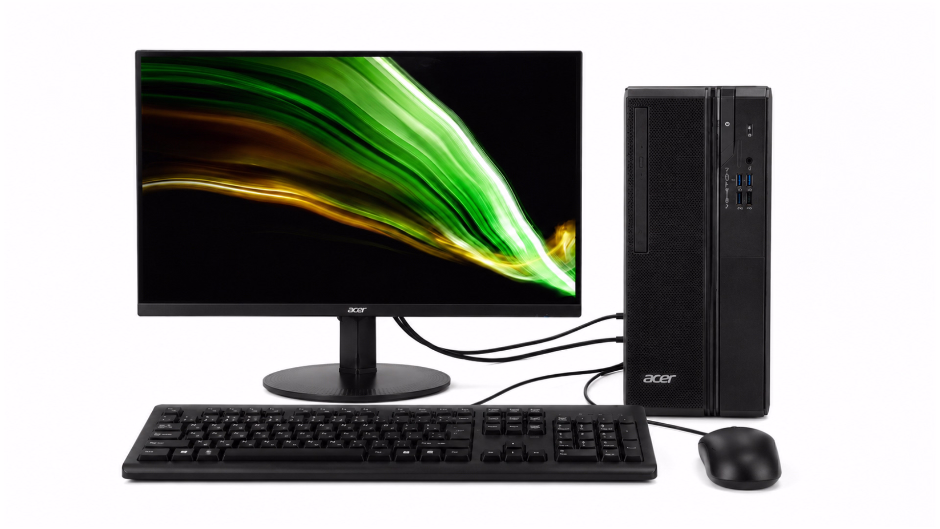คอมพิวเตอร์ Acer Veriton S2735G Intel Core Ultra 5 225 พร้อมเคสคอมพิวเตอร์ จอภาพ คีย์บอร์ด และเมาส์ วางบนพื้นหลังสีขาว หน้าจอแสดงกราฟิกเส้นแสงสีเขียวและสีทอง มีสายเชื่อมต่อระหว่างจอภาพกับตัวเครื่องอย่างเรียบร้อย
