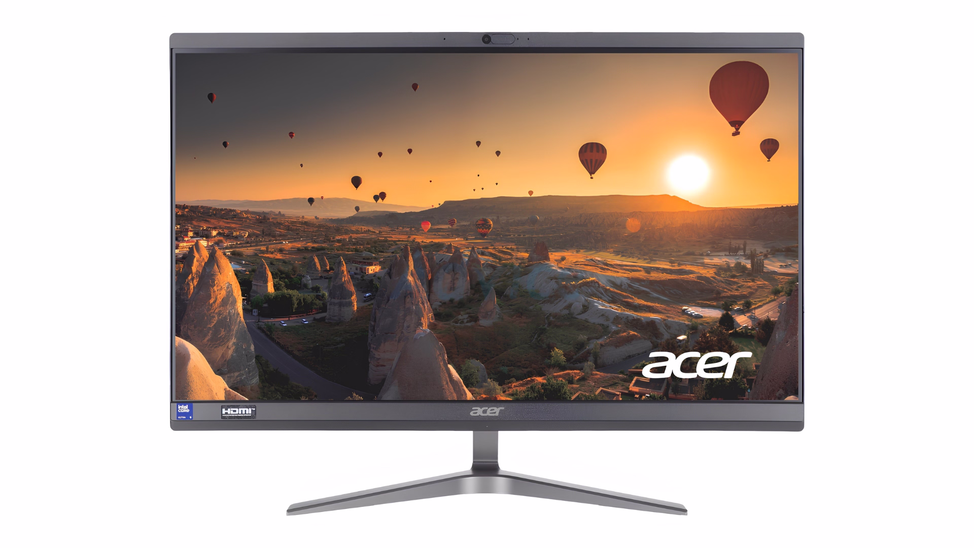คอมพิวเตอร์ All in One Acer Veriton VZ2594G/T00R มุมด้านหน้าตรง หน้าจอแสดงภาพวิวบอลลูน พร้อมกล้องเว็บแคมด้านบน ดีไซน์ขอบจอบาง ฐานตั้งสีเงิน บนพื้นหลังสีขาว