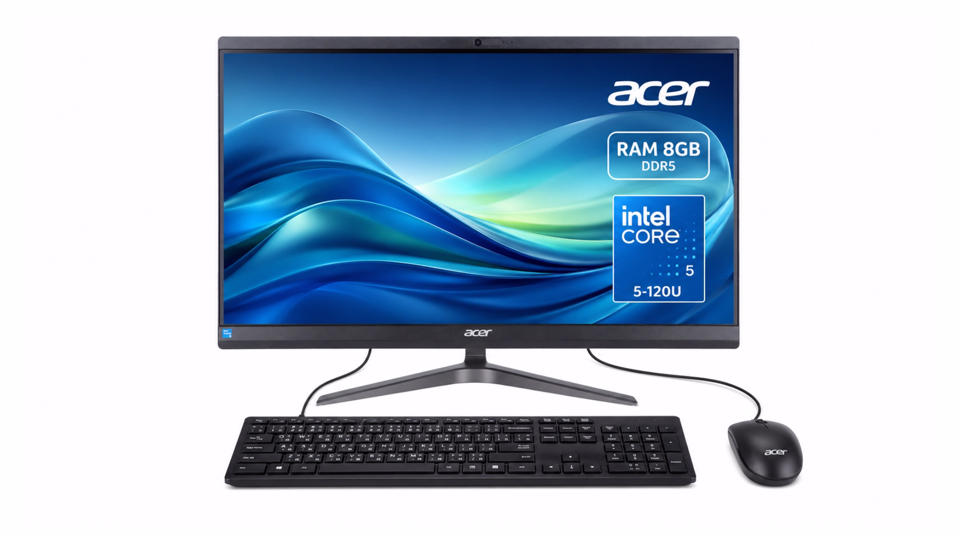 คอมพิวเตอร์ All-in-One Acer Veriton Z2415G Intel Core 5-120U พร้อมคีย์บอร์ดและเมาส์ หน้าจอแสดงโลโก้ Intel Core 5-120U และ RAM 8GB DDR5 บนพื้นหลังสีขาว