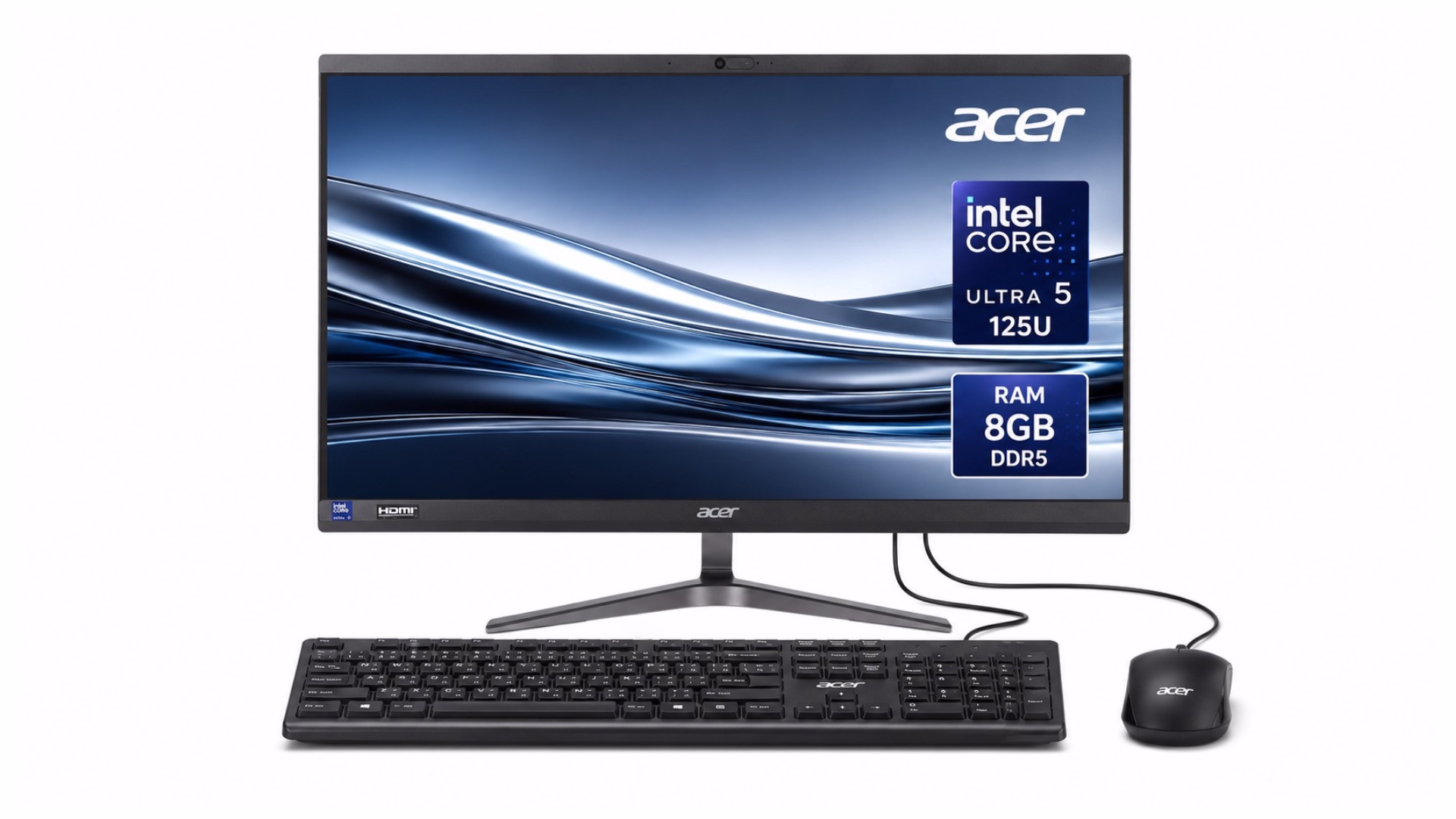 คอมพิวเตอร์ All in One Acer Veriton Z2524G หน้าจอตรง พร้อมคีย์บอร์ดและเมาส์ Acer บนพื้นหลังสีขาว หน้าจอแสดง Intel Core Ultra 5 125U และ RAM DDR5 8GB