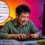 พนักงานออฟฟิศกำลังตกใจเมื่อเอกสารในคอมพิวเตอร์แสดงภาษาต่างดาวและตัวอักษรเพี้ยน พร้อมตัวอย่างข้อความผิดปกติ เหมาะสำหรับบทความ แก้ภาษาต่างดาว
