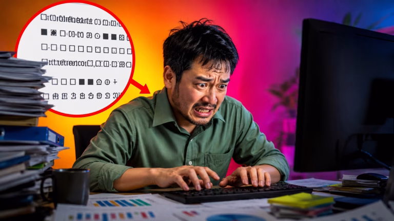 พนักงานออฟฟิศกำลังตกใจเมื่อเอกสารในคอมพิวเตอร์แสดงภาษาต่างดาวและตัวอักษรเพี้ยน พร้อมตัวอย่างข้อความผิดปกติ เหมาะสำหรับบทความ แก้ภาษาต่างดาว