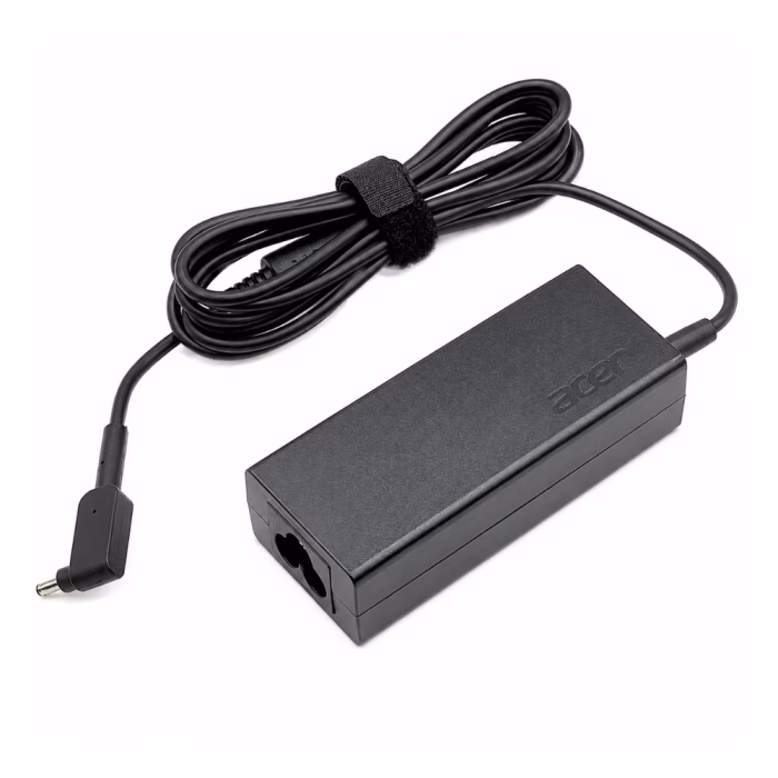 acer-adapter-19v-237a-45w-30x11mm-2 กล่องอะแดปเตอร์ชาร์จโน้ตบุ๊ก Acer สีดำ แสดงช่องเสียบสายไฟ AC ด้านข้าง และสายชาร์จพร้อมหัวแจ็ค