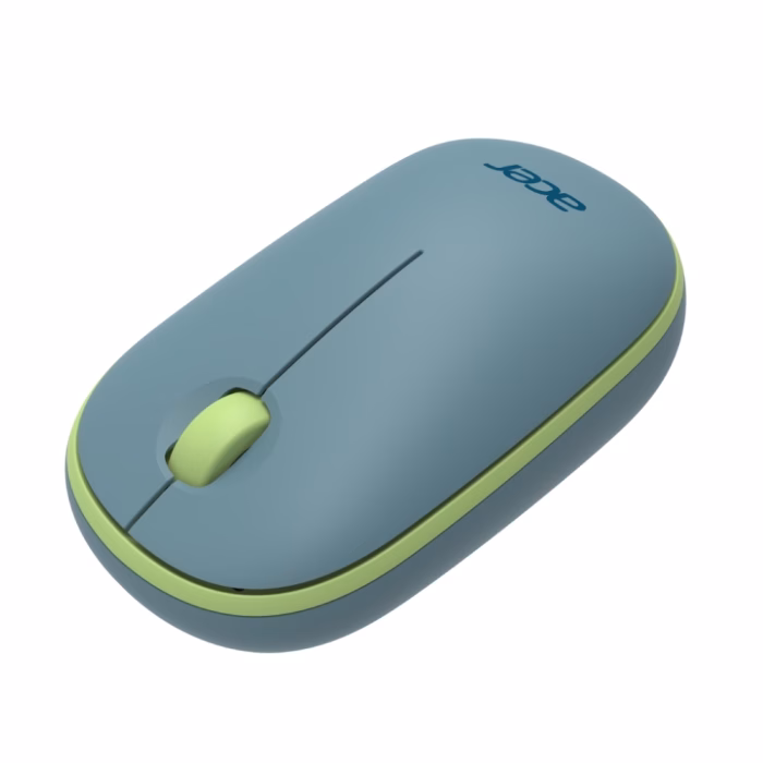 acer-amr100-wireless-mouse-blue-2 เมาส์ไร้สาย Acer AMR100 สีฟ้า มุมเฉียงด้านข้าง เห็นส่วนโค้งมนของตัวเมาส์และล้อสกรูสีเขียว