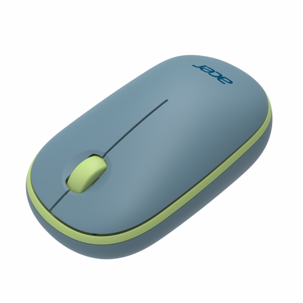 เมาส์ไร้สาย Acer AMR100 สีฟ้า มุมเฉียงด้านข้าง เห็นส่วนโค้งมนของตัวเมาส์และล้อสกรูสีเขียว