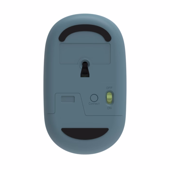 acer-amr100-wireless-mouse-blue-3 ด้านใต้ของเมาส์ไร้สาย Acer AMR100 แสดงปุ่มเปิดปิด ON/OFF ปุ่มเชื่อมต่อ Connect และช่องเซนเซอร์