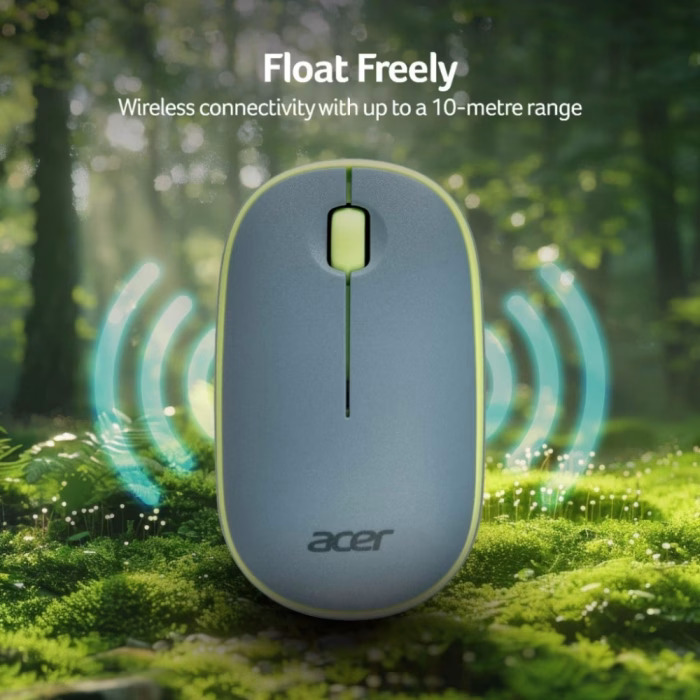 acer-amr100-wireless-mouse-blue-4 เมาส์ไร้สาย Acer AMR100 บนพื้นหลังธรรมชาติสีเขียว พร้อมข้อความโฆษณาระยะการเชื่อมต่อไร้สายไกล 10 เมตร