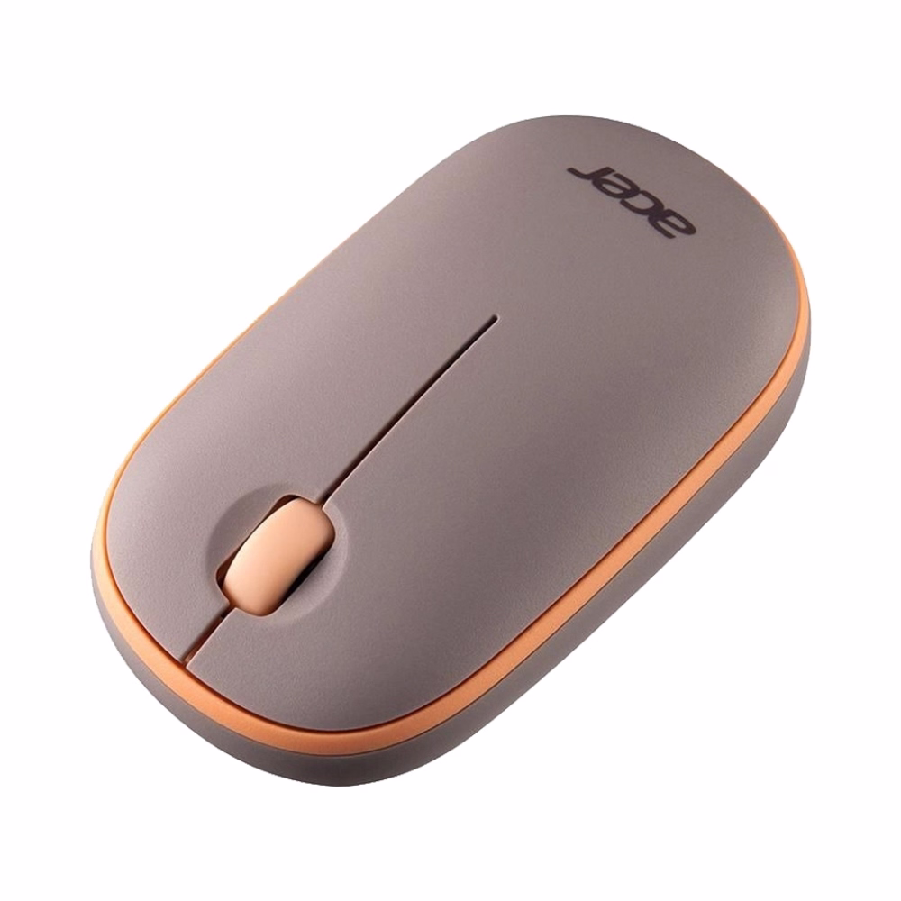 เมาส์ไร้สาย Acer AMR100 สีพีช มุมเฉียงด้านข้าง เห็นเส้นขอบสีส้มพีชและปุ่มลูกกลิ้ง