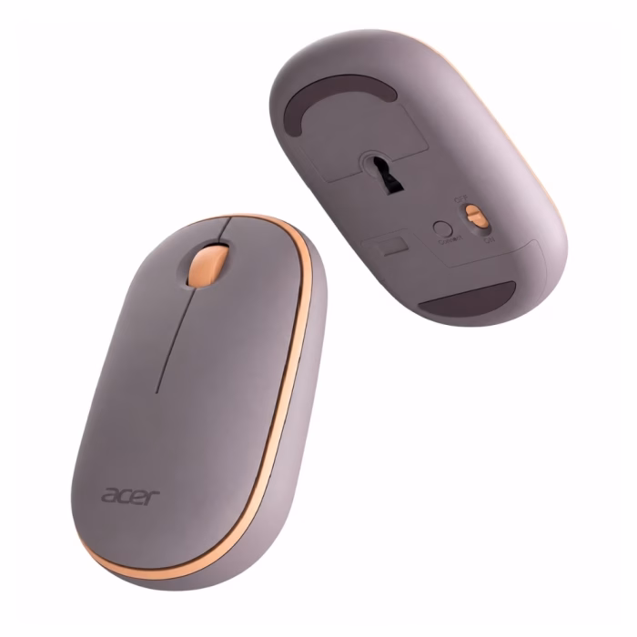 acer-amr100-wireless-mouse-peach-3 เมาส์ไร้สาย Acer AMR100 สีพีช 2 ตัว แสดงมุมมองด้านบนและด้านใต้ตัวเมาส์ เห็นสวิตช์เปิดปิดสีพีช