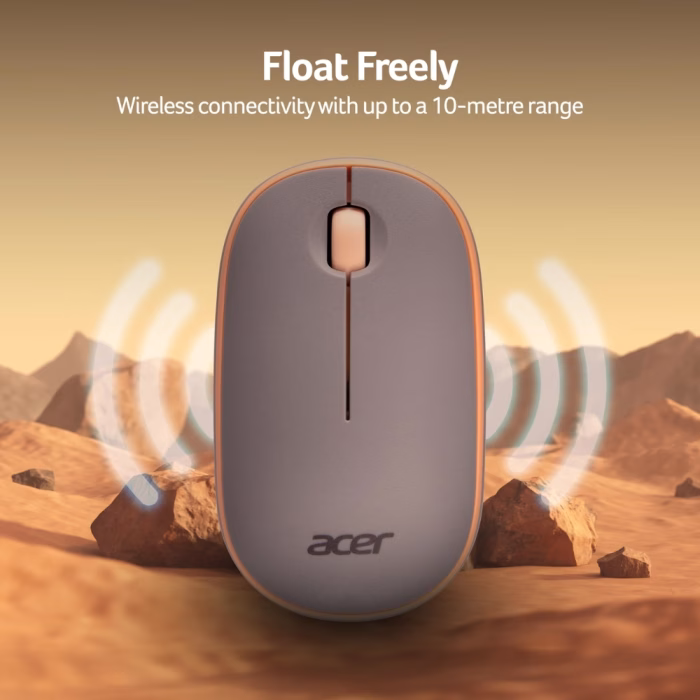 acer-amr100-wireless-mouse-peach-4 เมาส์ไร้สาย Acer AMR100 สีพีช บนพื้นหลังทะเลทรายโทนสีส้มอบอุ่น พร้อมไอคอนคลื่นสัญญาณไร้สายไกล 10 เมตร