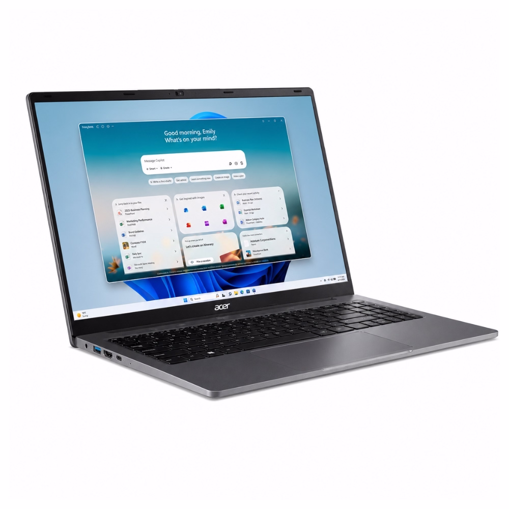โน้ตบุ๊ค Acer Aspire Lite 15 นิ้ว มุมเฉียง เปิดหน้าจอใช้งาน Windows แสดงคีย์บอร์ดและทัชแพด