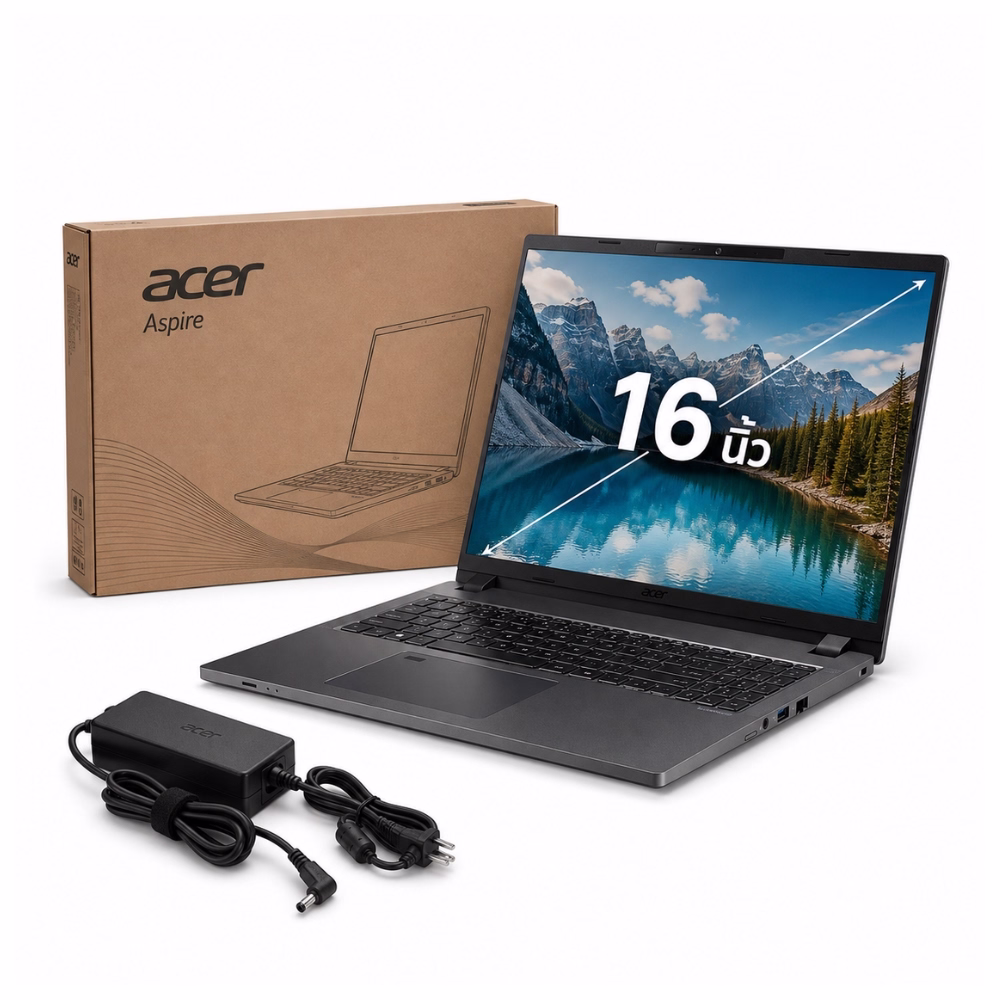 โน้ตบุ๊ค Acer TravelMate P2 16 นิ้ว วางคู่กับสายชาร์จอแดปเตอร์และกล่องบรรจุภัณฑ์