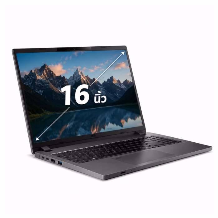 acer-travelmate-p216-i5-3 โน้ตบุ๊ค Acer TravelMate P2 16 นิ้ว มุมมองด้านข้างเฉียง แสดงพอร์ตเชื่อมต่อและหน้าจอมุมกว้าง