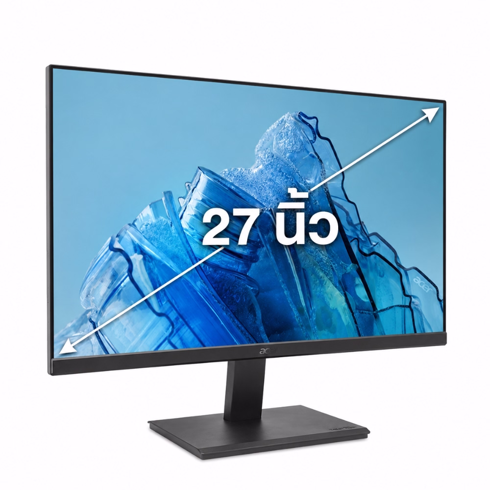 จอมอนิเตอร์ Acer V277 Ebmipx ขนาด 27 นิ้ว มุมเฉียงข้าง แสดงภาพวอลเปเปอร์ดีไซน์สีฟ้าและเส้นวัดขนาดสัดส่วนหน้าจอ