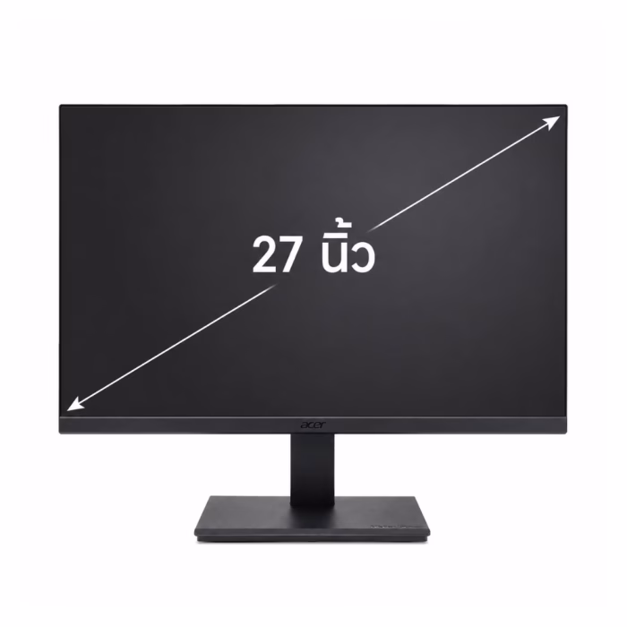 acer-v277-ebmipx-27in-monitor-3 จอมอนิเตอร์ Acer V277 Ebmipx ขนาด 27 นิ้ว ด้านหน้าตรงขณะปิดหน้าจอ แสดงโครงสร้างขอบจอบางและฐานตั้งสีดำ พร้อมเส้นวัดขนาดหน้าจอ