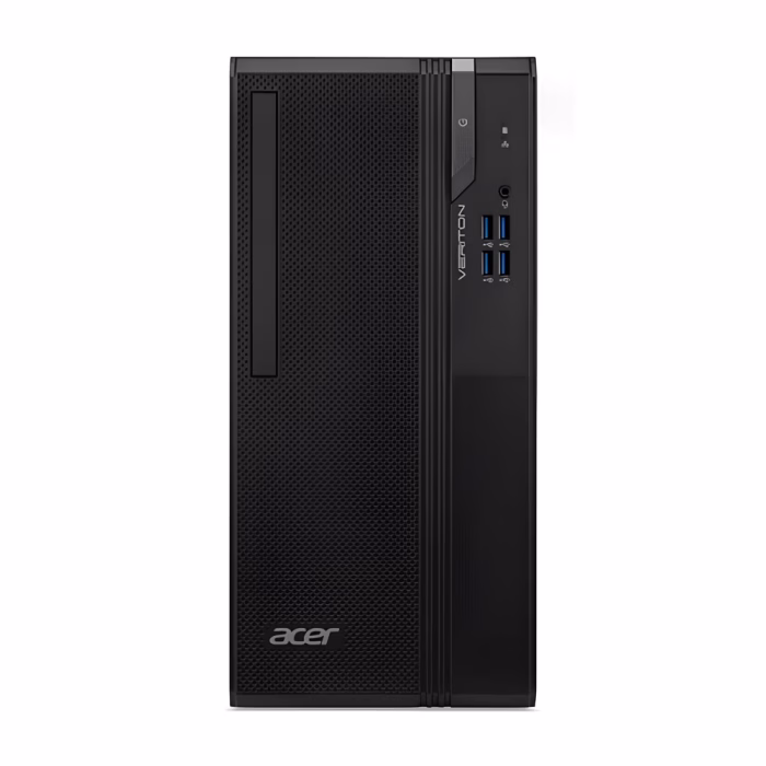 ด้านหน้าเคสคอมพิวเตอร์ตั้งโต๊ะ Acer Veriton S2722G สีดำ แสดงพอร์ต USB ช่องหูฟัง และปุ่มเปิดเครื่อง