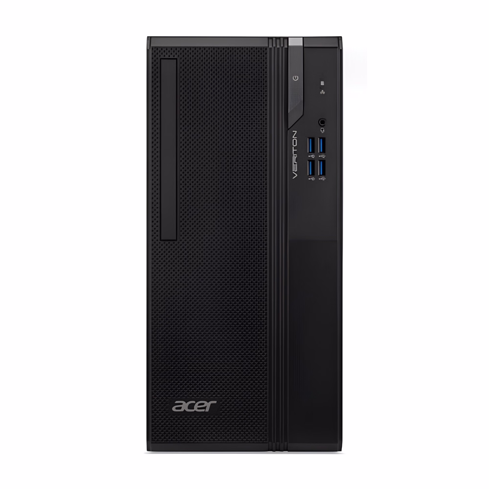 ด้านหน้าเคสคอมพิวเตอร์ตั้งโต๊ะ Acer Veriton S2722G สีดำ แสดงพอร์ต USB ช่องหูฟัง และปุ่มเปิดเครื่อง