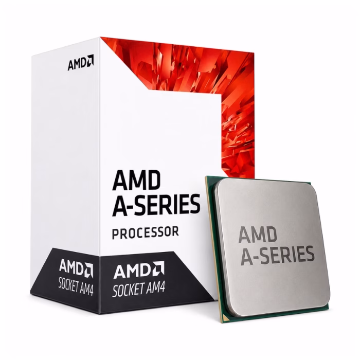 ซีพียู AMD A-Series พร้อมกล่องบรรจุภัณฑ์และตัวหน่วยประมวลผลซ็อกเก็ต AM4 วางคู่กันบนพื้นหลังสีขาว