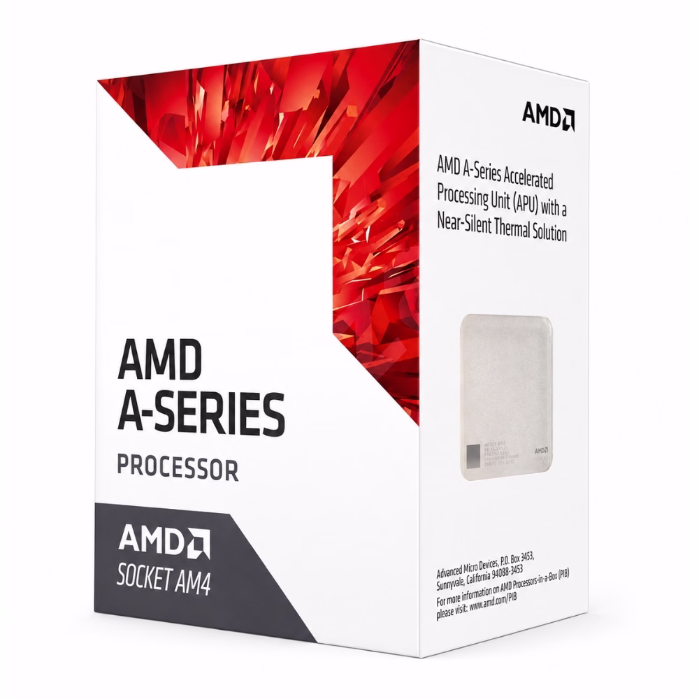 กล่องบรรจุภัณฑ์ซีพียู AMD A-Series Socket AM4 มุมมองด้านข้างแสดงรายละเอียดและช่องหน้าต่างมองเห็นตัวชิป