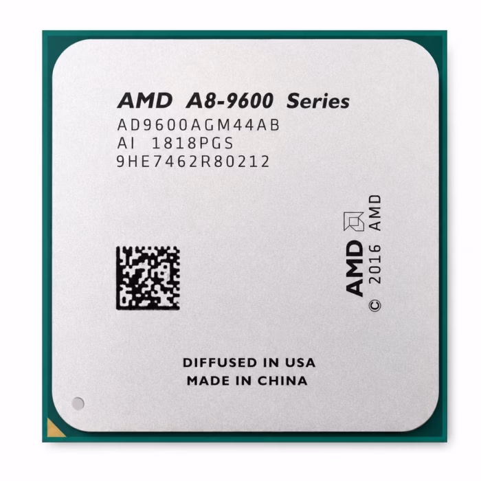 หน้าสัมผัสฝาปิดกระดองซีพียู AMD A8-9600 Series แสดงรหัสรุ่น ข้อมูลการผลิต และคิวอาร์โค้ดชัดเจน