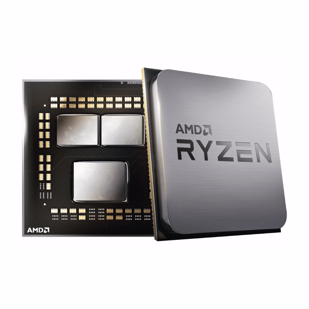 ตัวซีพียู AMD Ryzen แสดงหน้ากระดองปั๊มนูนโลโก้และด้านหลังแผงวงจรพร้อมพินทองเหลืองซ็อกเก็ต AM4