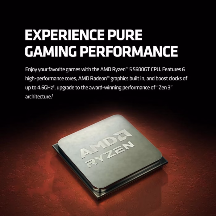 amd-ryzen-5-5600gt-am4-cpu-3 ภาพโปรโมทซีพียู AMD Ryzen 5 5600GT บนพื้นหลังโทนสีแดงเข้ม พร้อมข้อความโปรโมทประสิทธิภาพการเล่นเกม