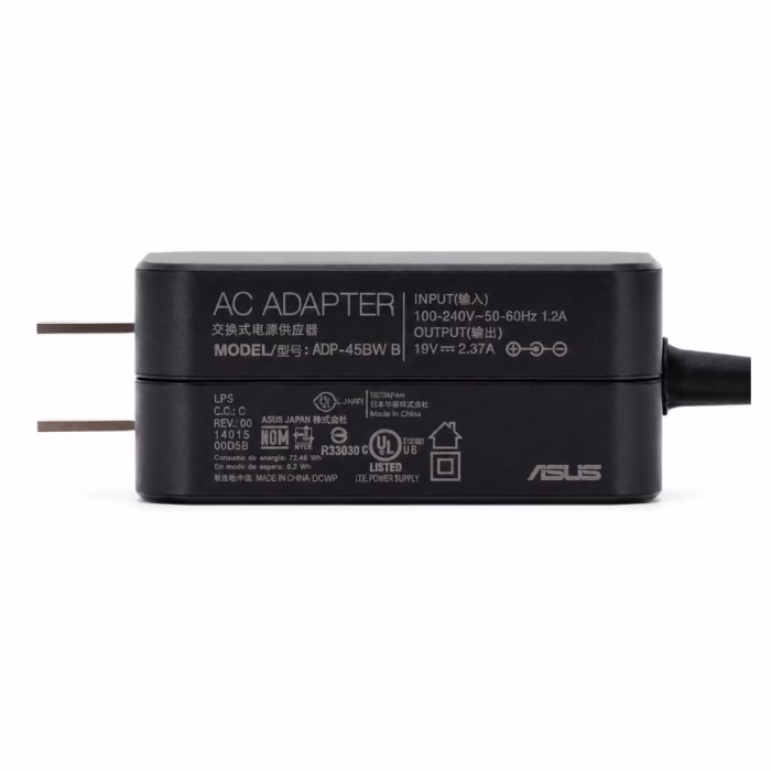 ด้านข้างอะแดปเตอร์ชาร์จ Asus Slim แสดงข้อมูลสเปกไฟ AC ADAPTER 19V 2.37A และขาปลั๊กไฟ
